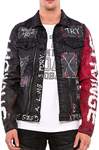 Cipo & Baxx Herren Jeansjacke – Klassisch, Leder, Sport – Knopf und Reißverschluss – Sweat-Kapuze und Sweatärmeln – Mode