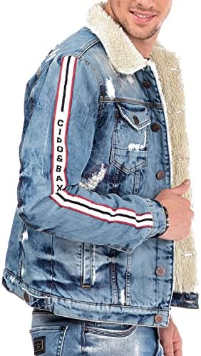 Cipo & Baxx Herren Jeansjacke – Klassisch, Leder, Sport – Knopf und Reißverschluss – Sweat-Kapuze und Sweatärmeln – Mode