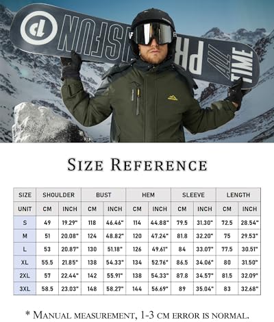 KEFITEVD Wasserabweisende Skijacke für HerrenWinter Outdoorjacke mit Abnehmbarer Kapuze und Warmem Gefüttertem Fleece |