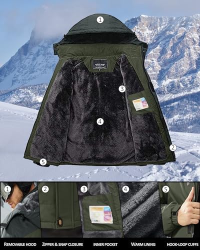 KEFITEVD Wasserabweisende Skijacke für HerrenWinter Outdoorjacke mit Abnehmbarer Kapuze und Warmem Gefüttertem Fleece |