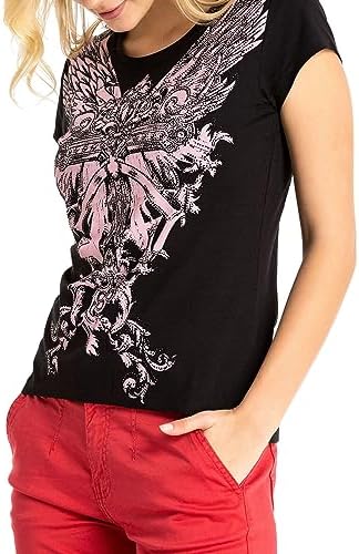 Cipo & Baxx Damen T-Shirt Print Strasssteine Baumwolle Rundhals
