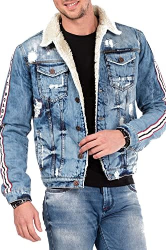 Cipo & Baxx Herren Jeansjacke – Klassisch, Leder, Sport – Knopf und Reißverschluss – Sweat-Kapuze und Sweatärmeln – Mode