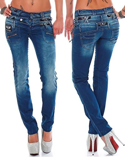 Cipo & Baxx Damen Jeans - Slim Fit & Used Look | Modische Kontrastnähte & Mehrtaschen | Bequeme Stretch-Jeans