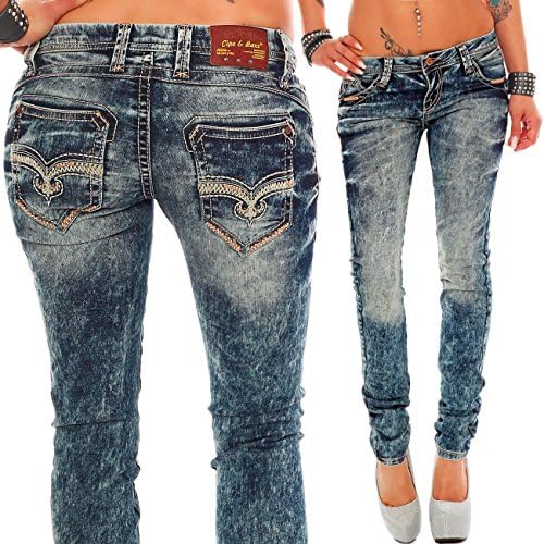 Cipo & Baxx Damen Jeans - Slim Fit & Used Look | Modische Kontrastnähte & Mehrtaschen | Bequeme Stretch-Jeans